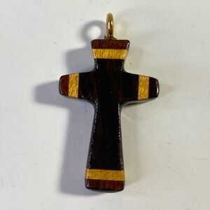 Vintage Handmade Wooden Cross Pendant Brown with Yellow Inlay